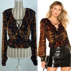 NBD Edie Animal Print Textured Ruffled Lace Up Front Peplum Top Size XS